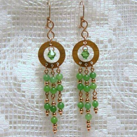 Handmade Green Agate, Copper, & Crystal Chandelier Wooden Dangle Earrings - Picture 1 of 5